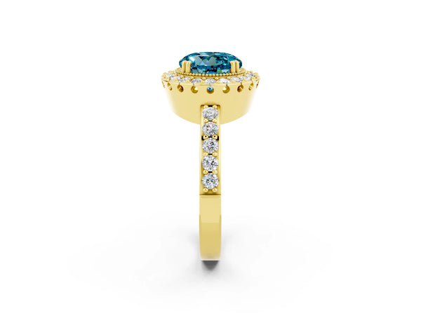 Yellow gold Round Cut Blue Topaz Halo Ring with Pavé Band and Prong Setting