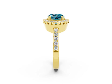 Yellow gold Round Cut Diamond Halo Ring with Pavé Band and Prong Setting_2