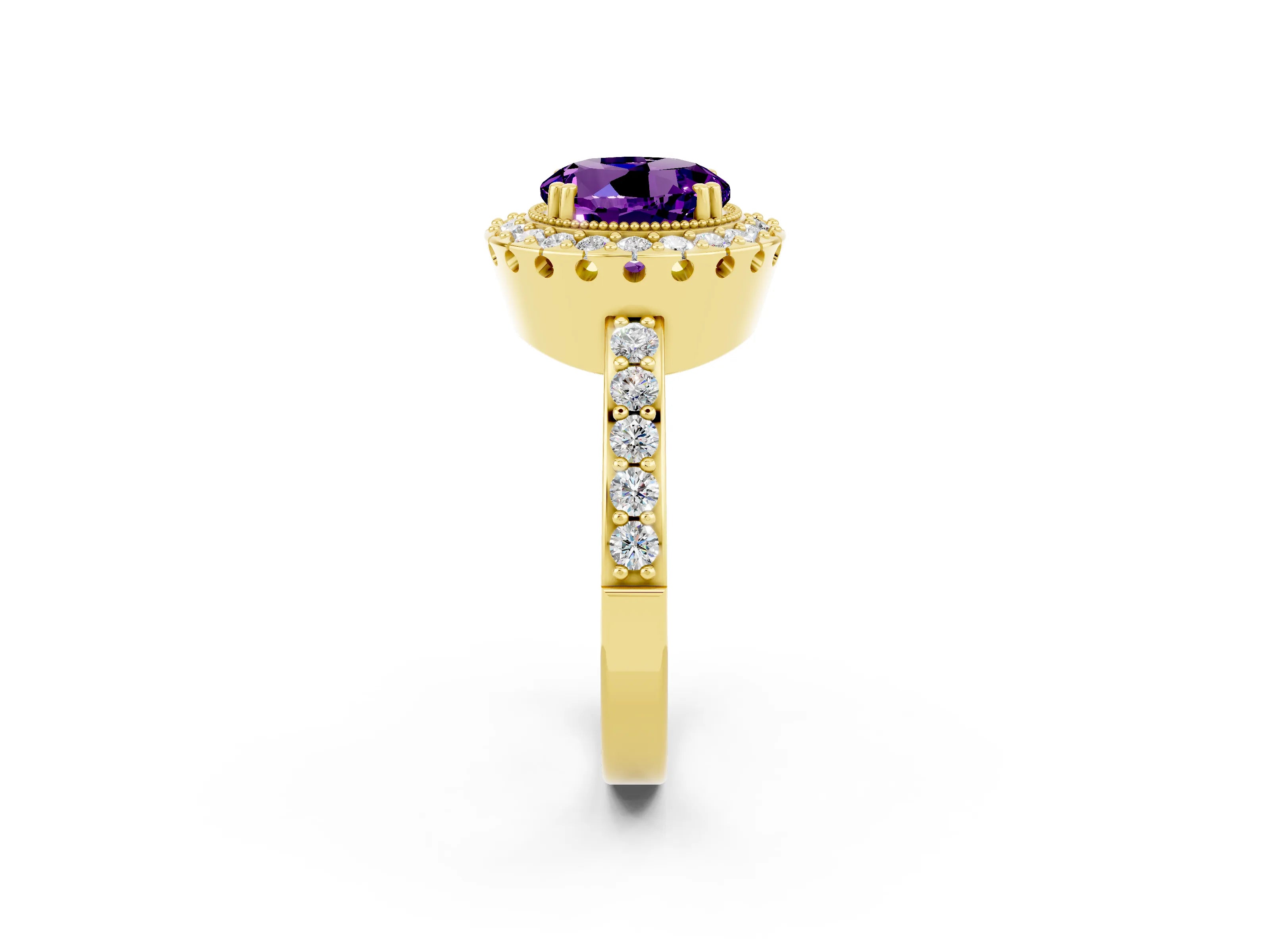 Yellow gold Round Cut Diamond Halo Ring with Pavé Band and Prong Setting_2