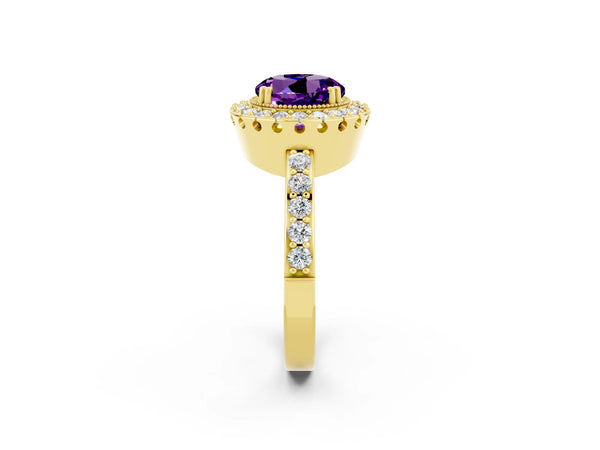 Yellow gold Round Cut Amethyst Halo Ring with Pavé Band and Prong Setting