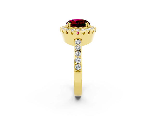 Yellow gold Round Cut Garnet Halo Ring with Pavé Band and Prong Setting