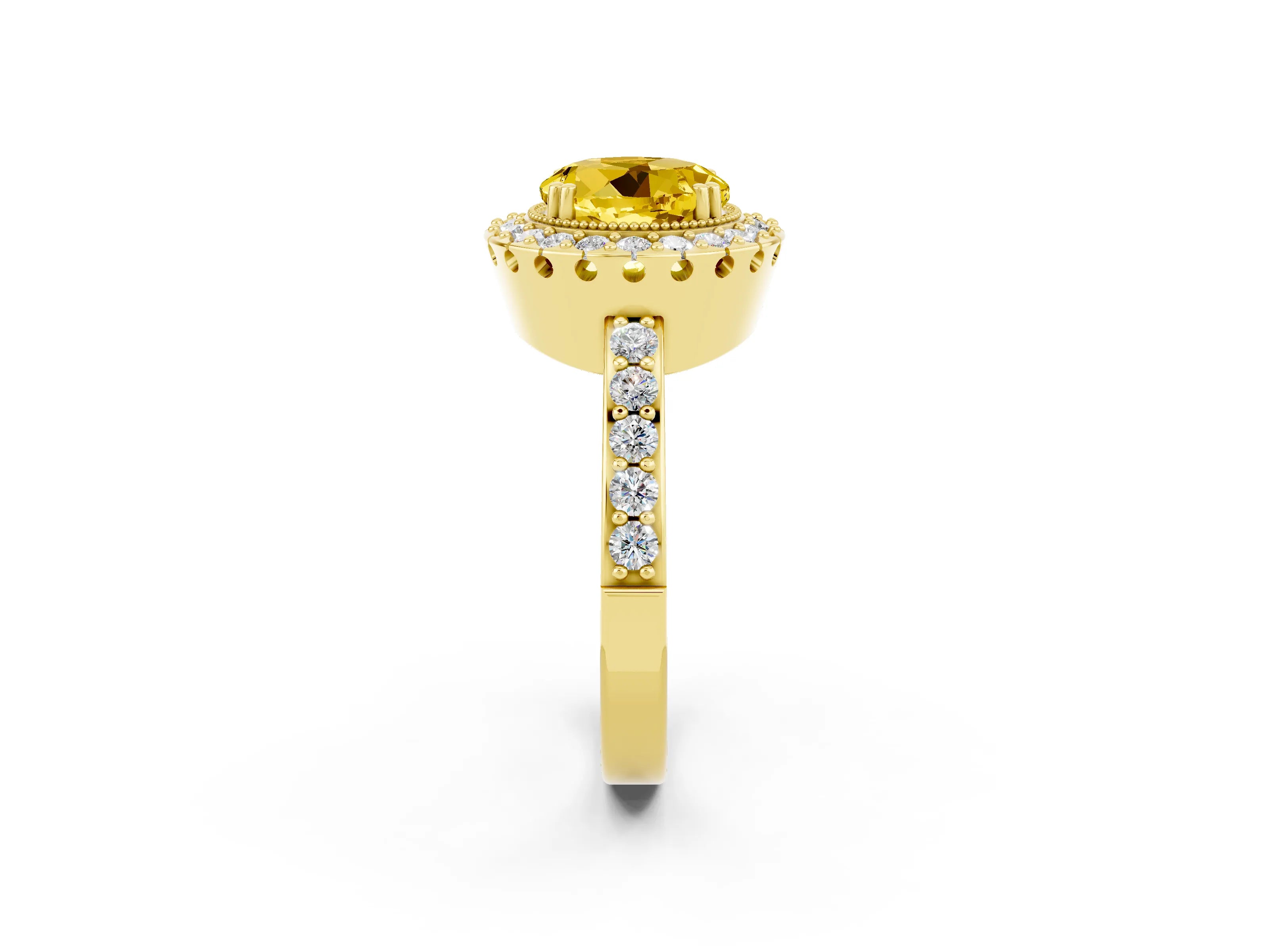 Yellow gold Round Cut Diamond Halo Ring with Pavé Band and Prong Setting_2