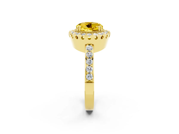 Yellow gold Round Cut Yellow Sapphire Halo Ring with Pavé Band and Prong Setting