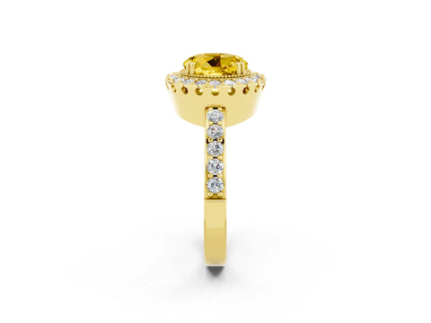 Yellow gold Round Cut Diamond Halo Ring with Pavé Band and Prong Setting_2
