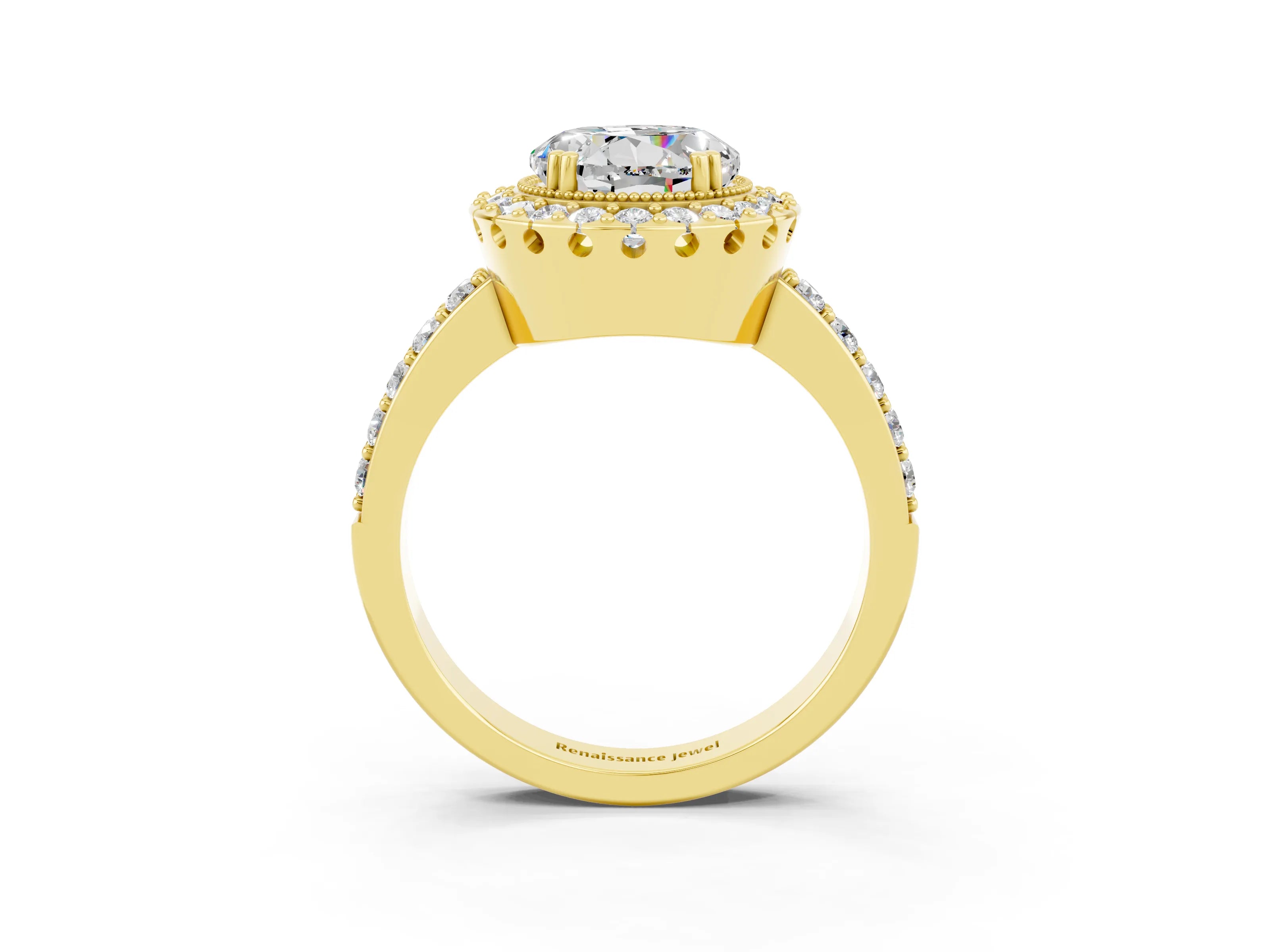 Yellow gold Round Cut Diamond Halo Ring with Pavé Band and Prong Setting_3
