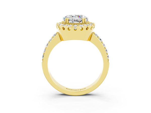 Yellow gold Round Cut Moissanite Halo Ring with Pavé Band and Prong Setting