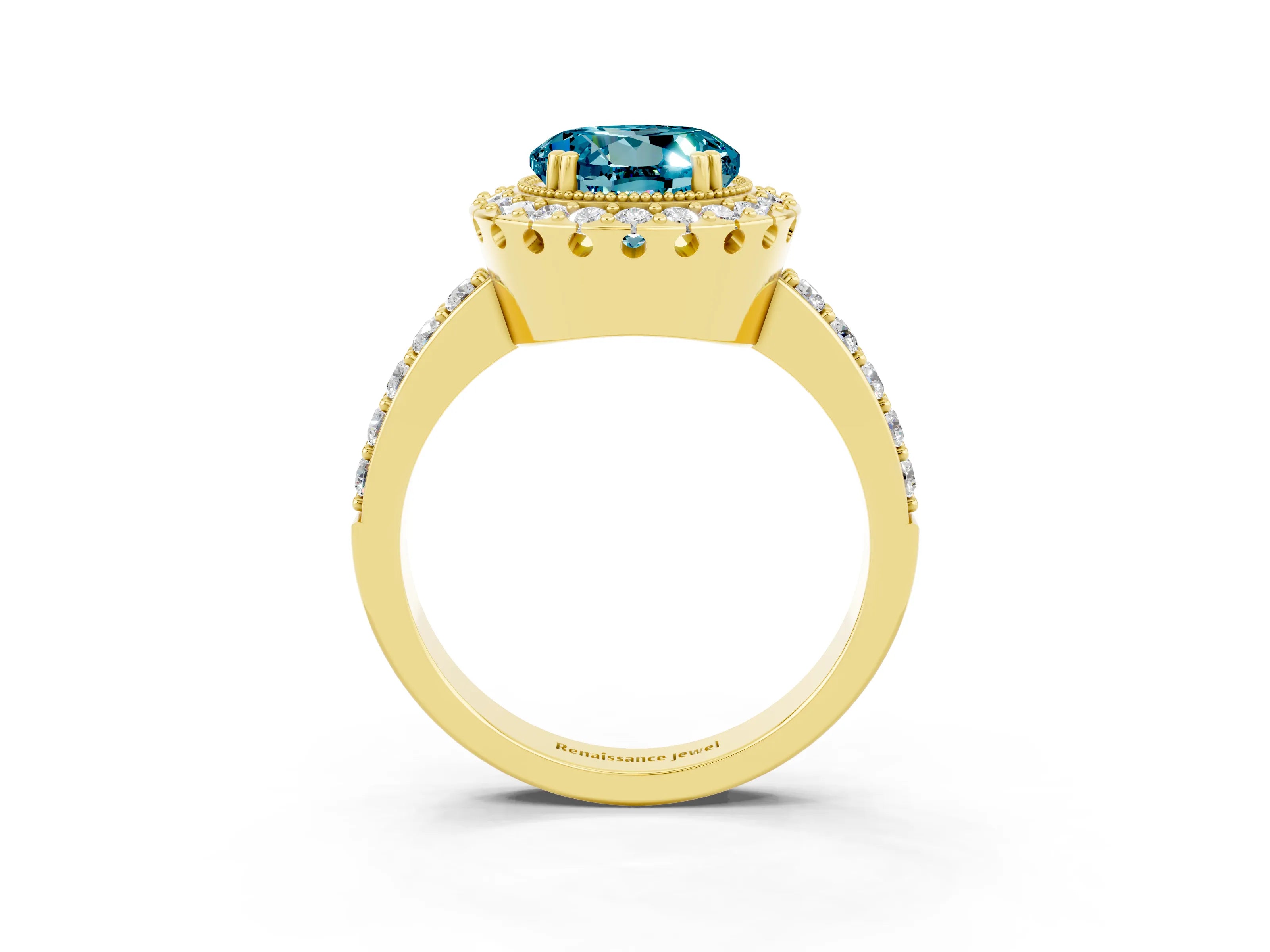 Yellow gold Round Cut Diamond Halo Ring with Pavé Band and Prong Setting_3