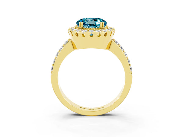 Yellow gold Round Cut Blue Topaz Halo Ring with Pavé Band and Prong Setting