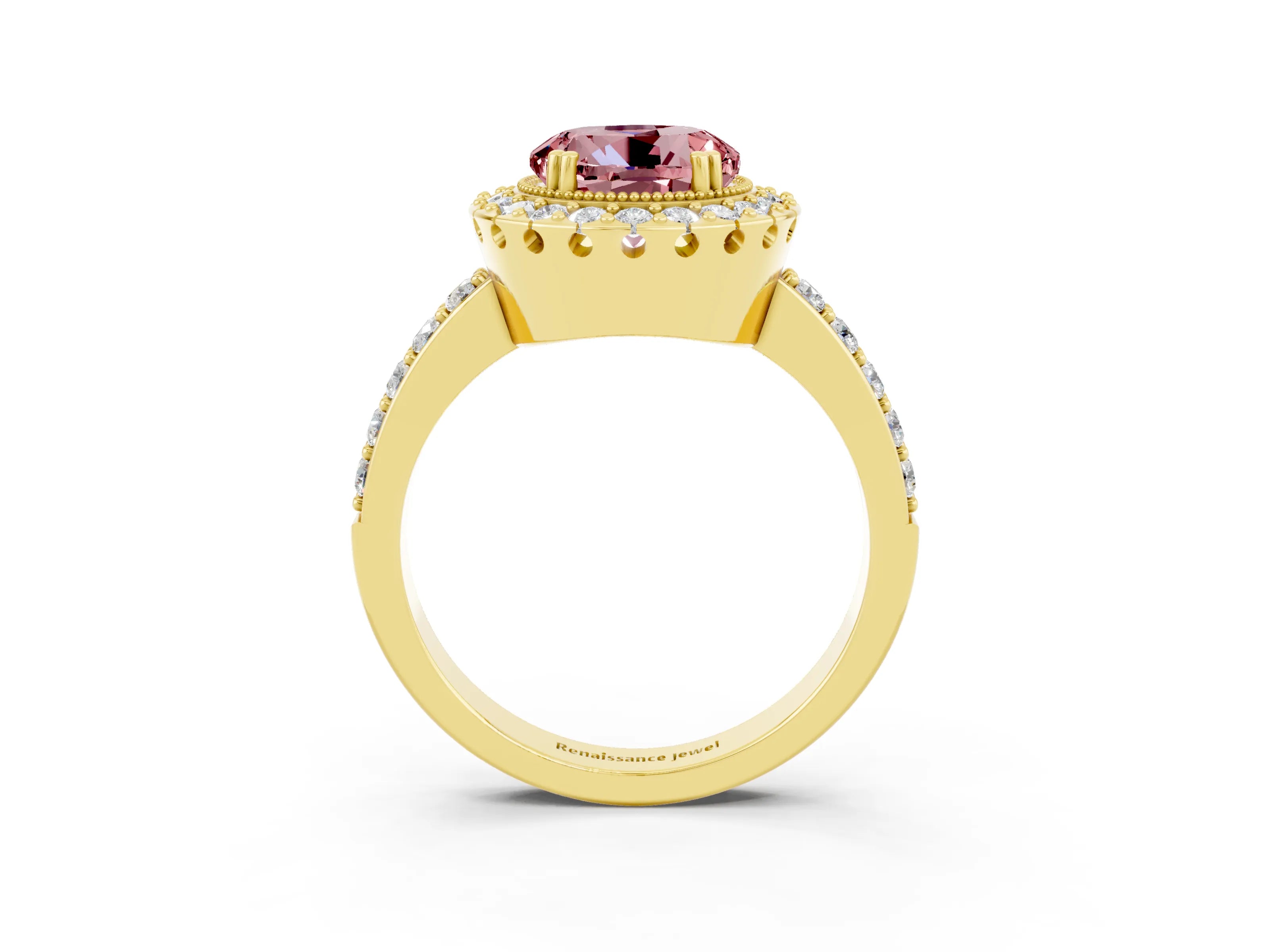 Yellow gold Round Cut Diamond Halo Ring with Pavé Band and Prong Setting_3