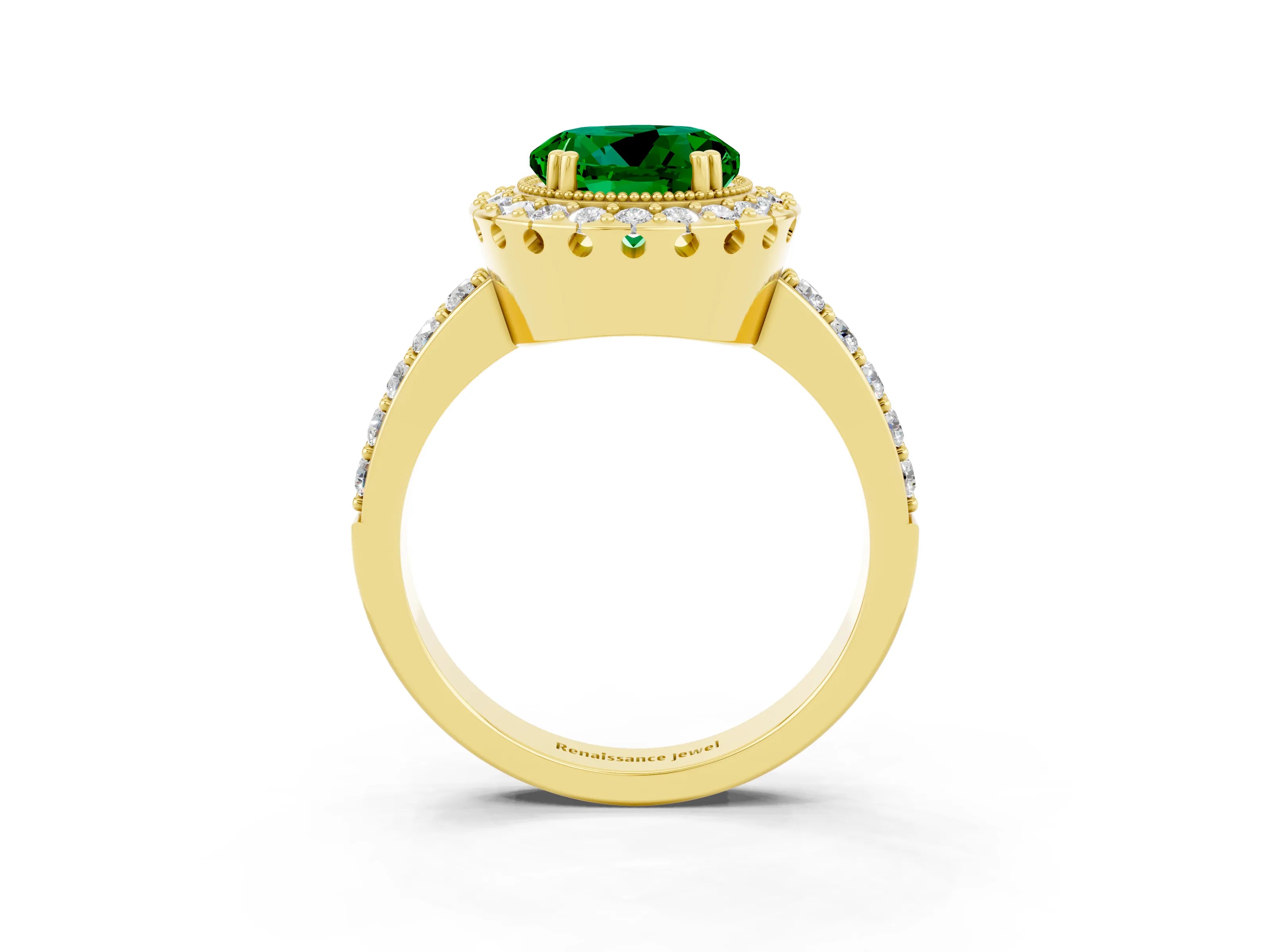 Yellow gold Round Cut Diamond Halo Ring with Pavé Band and Prong Setting_3
