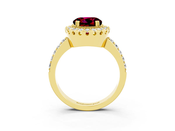 Yellow gold Round Cut Garnet Halo Ring with Pavé Band and Prong Setting