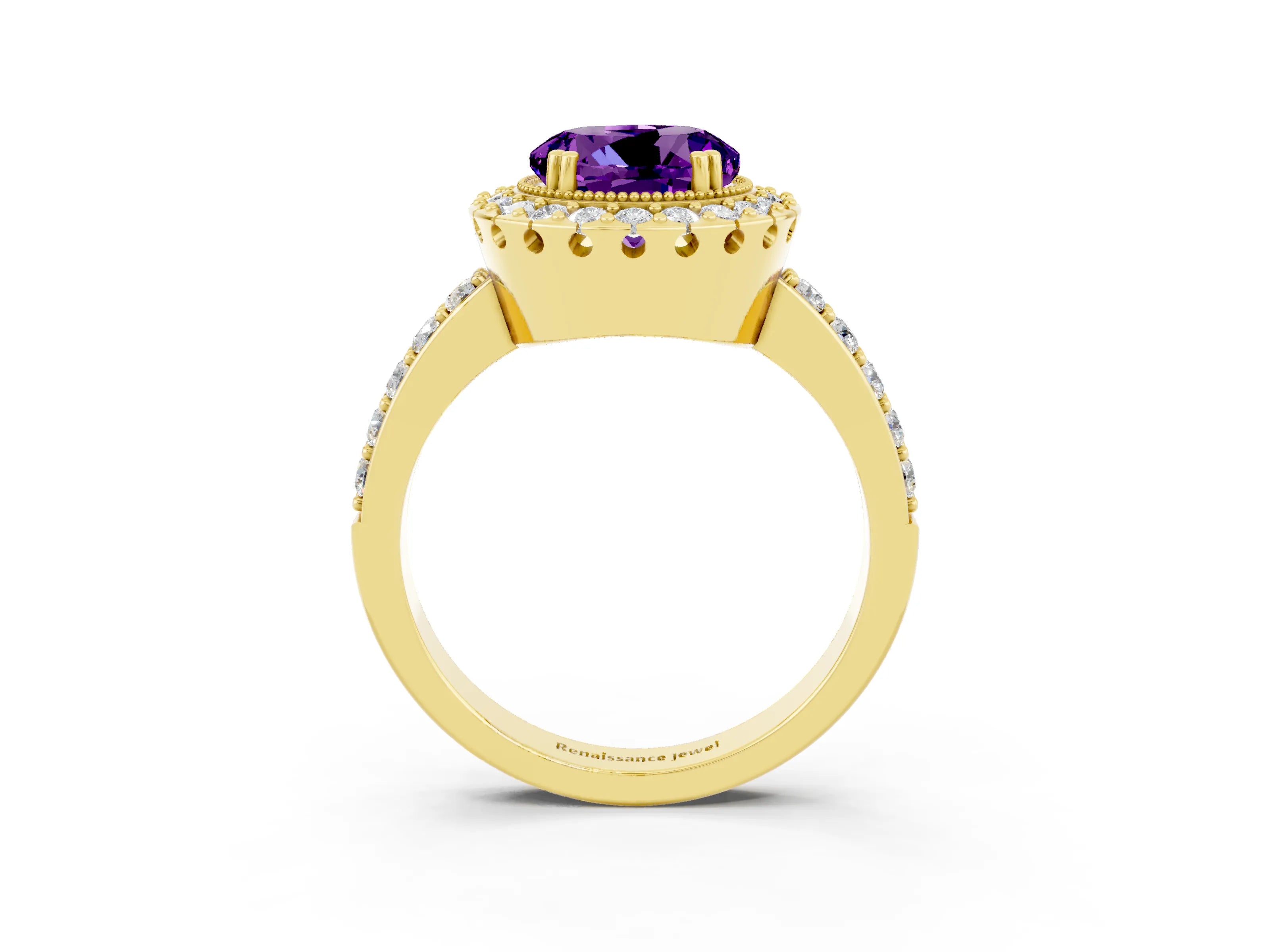 Yellow gold Round Cut Diamond Halo Ring with Pavé Band and Prong Setting_3