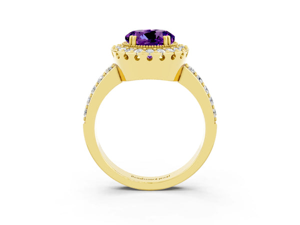 Yellow gold Round Cut Amethyst Halo Ring with Pavé Band and Prong Setting