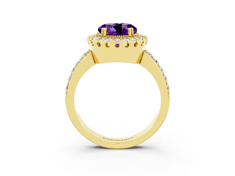 Yellow gold Round Cut Diamond Halo Ring with Pavé Band and Prong Setting_3