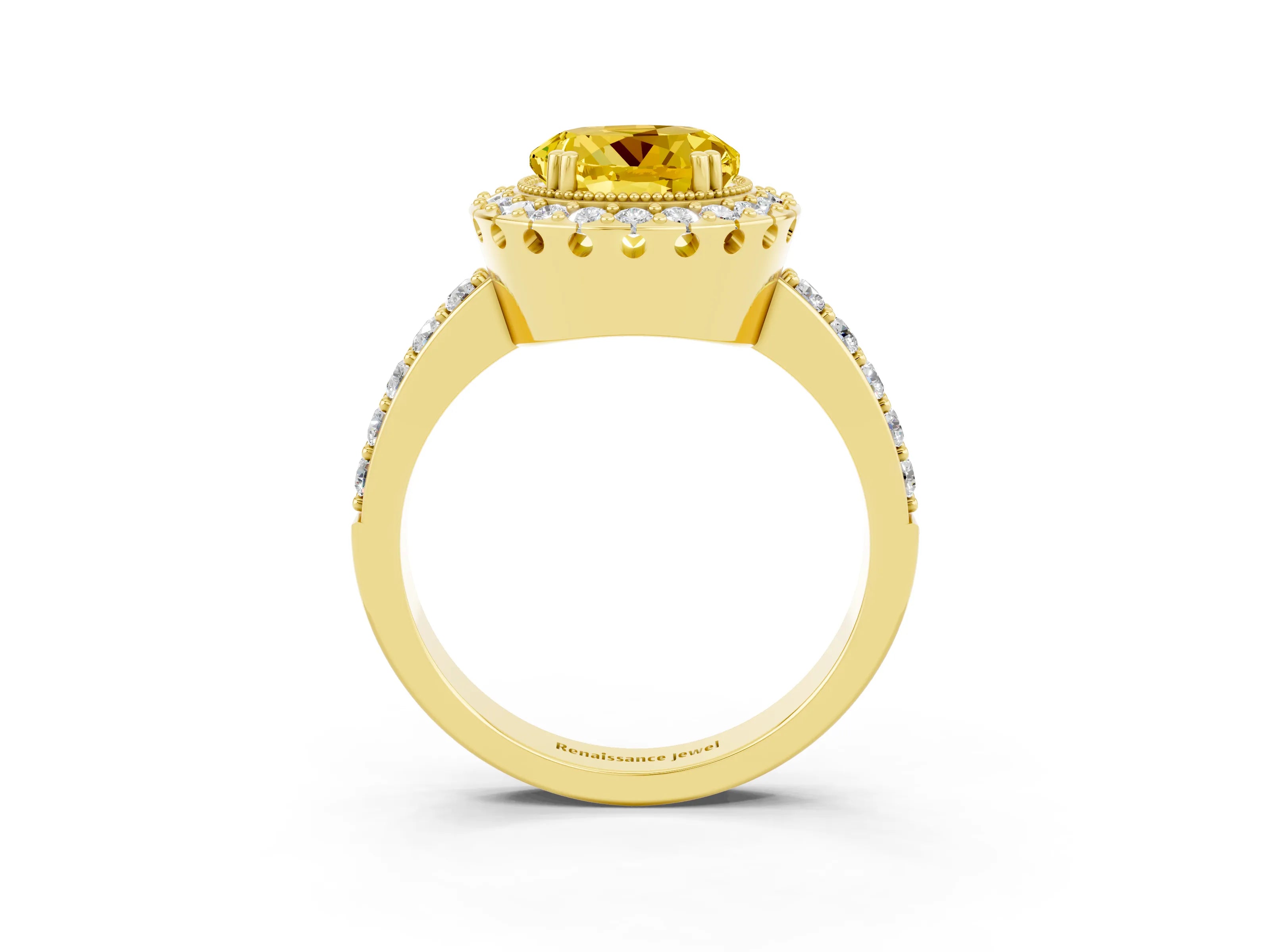 Yellow gold Round Cut Diamond Halo Ring with Pavé Band and Prong Setting_3