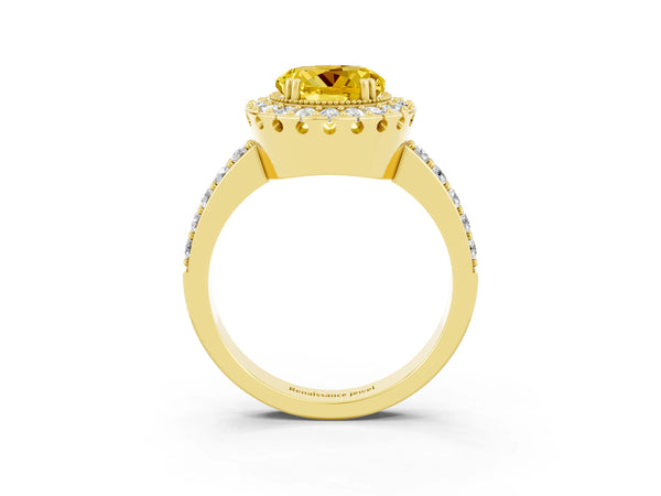 Yellow gold Round Cut Yellow Sapphire Halo Ring with Pavé Band and Prong Setting