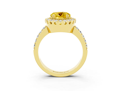 Yellow gold Round Cut Diamond Halo Ring with Pavé Band and Prong Setting_3