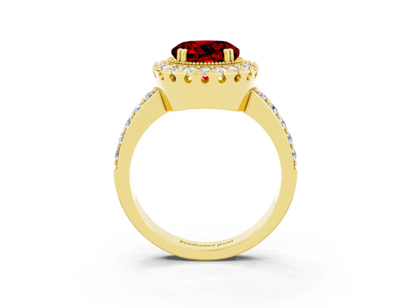 Yellow gold Round Cut Ruby Halo Ring with Pavé Band and Prong Setting