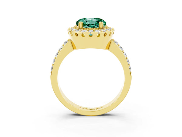 Yellow gold Round Cut Green Sapphire Halo Ring with Pavé Band and Prong Setting