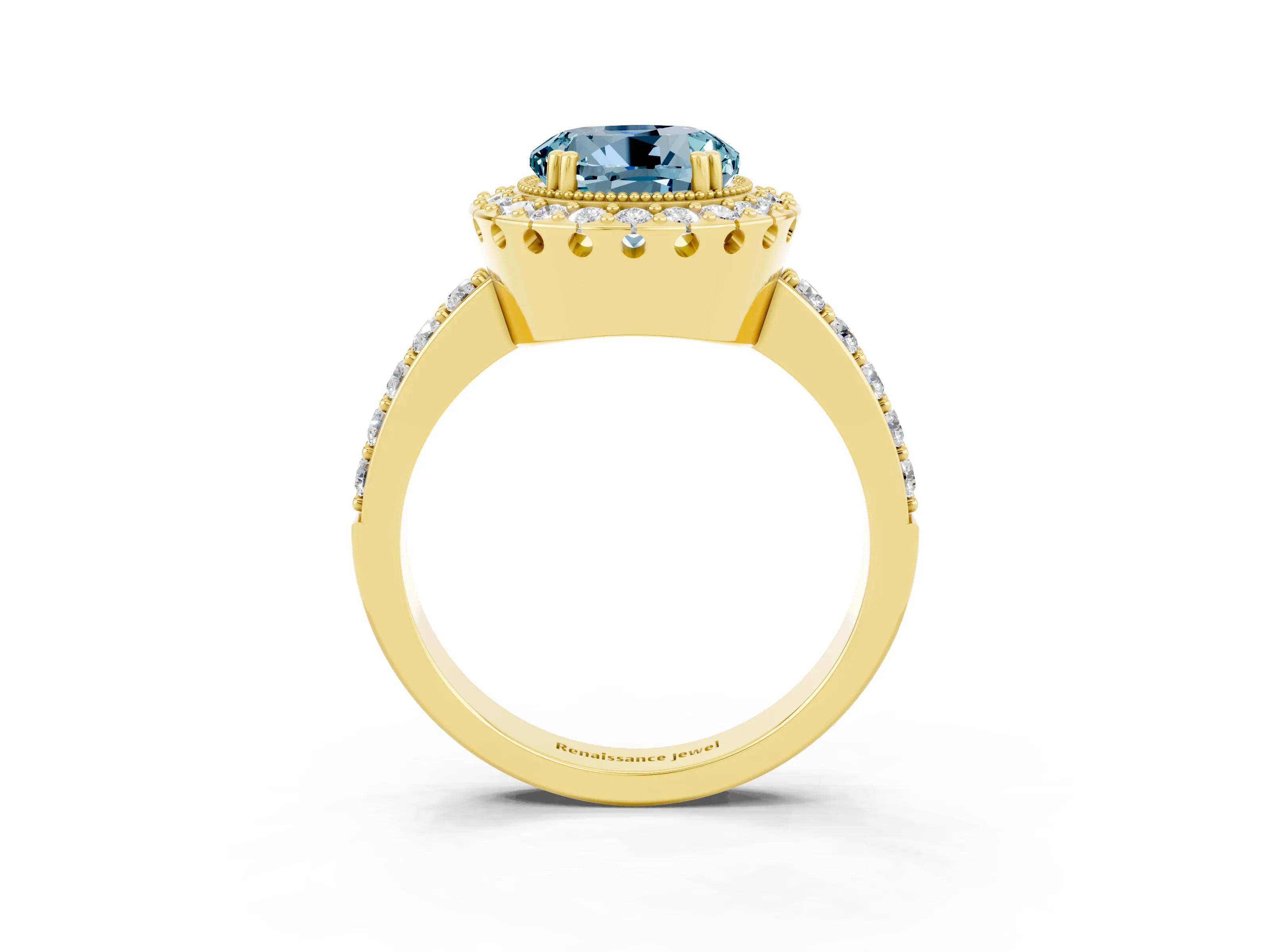 Yellow gold Round Cut Diamond Halo Ring with Pavé Band and Prong Setting_3