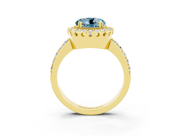 Yellow gold Round Cut Aquamarine Halo Ring with Pavé Band and Prong Setting