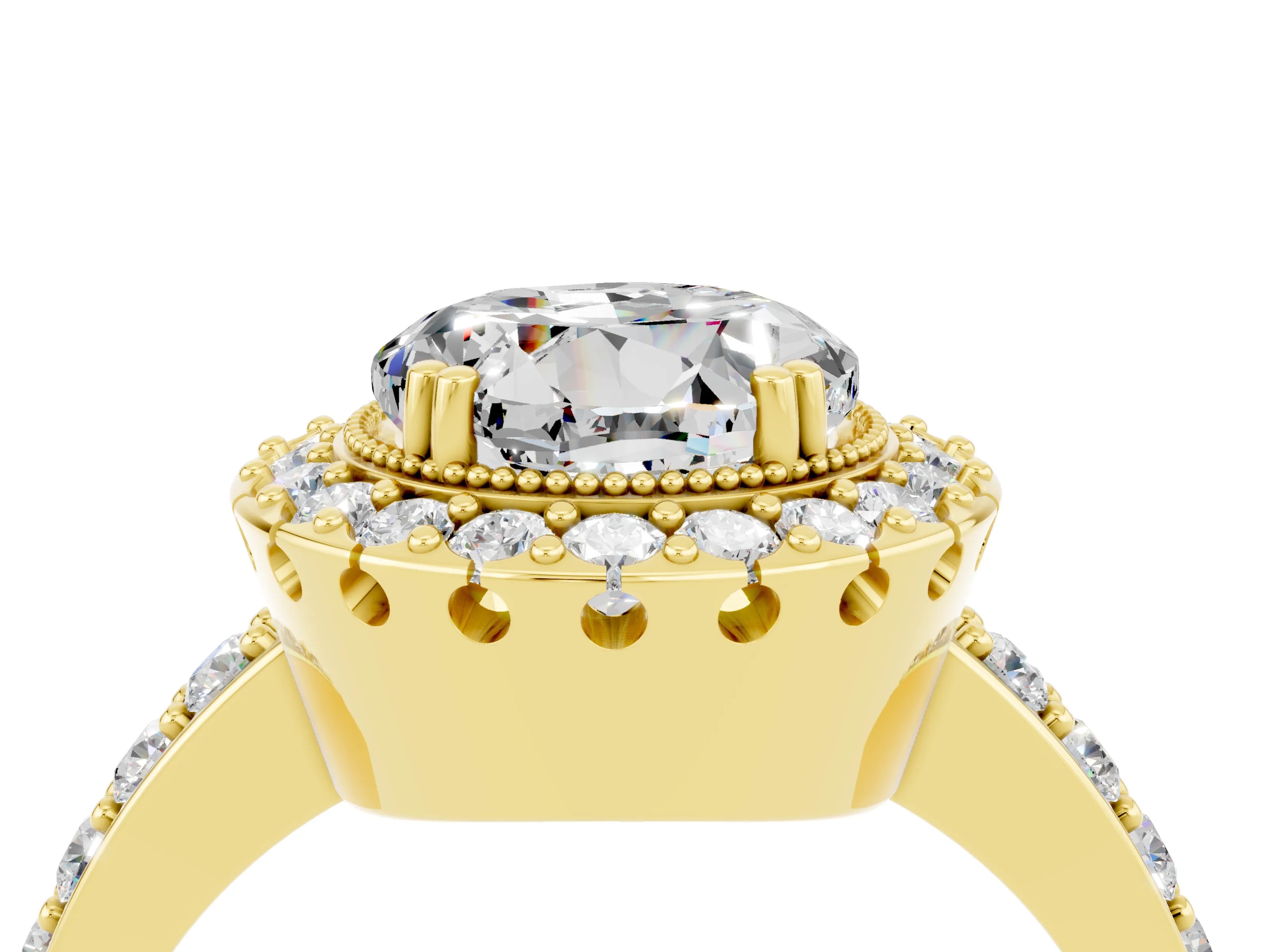 Yellow gold Round Cut Diamond Halo Ring with Pavé Band and Prong Setting_4