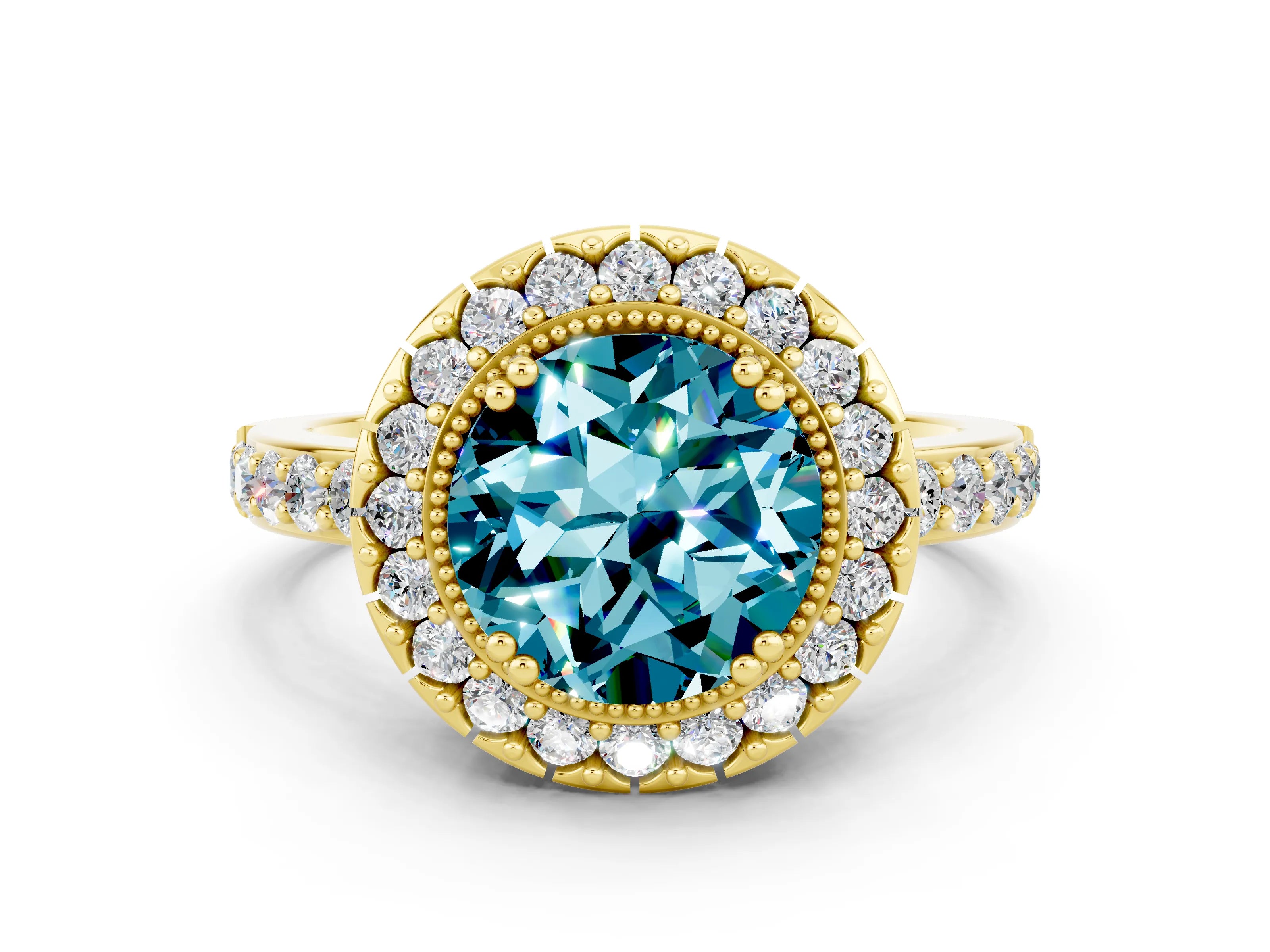 Yellow gold Round Cut Diamond Halo Ring with Pavé Band and Prong Setting