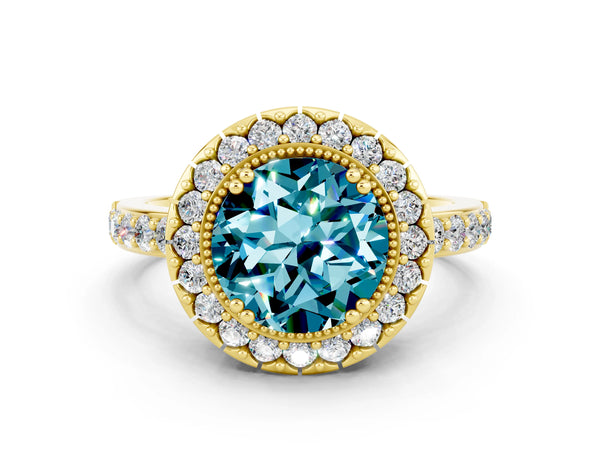 Yellow gold Round Cut Blue Topaz Halo Ring with Pavé Band and Prong Setting