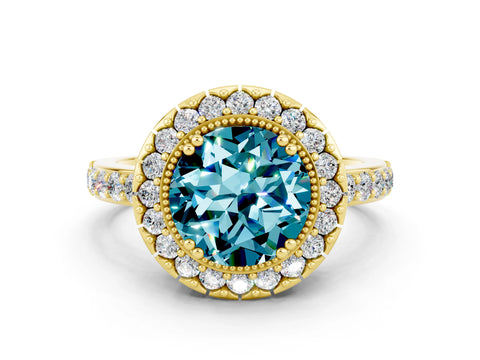 Yellow gold Round Cut Diamond Halo Ring with Pavé Band and Prong Setting