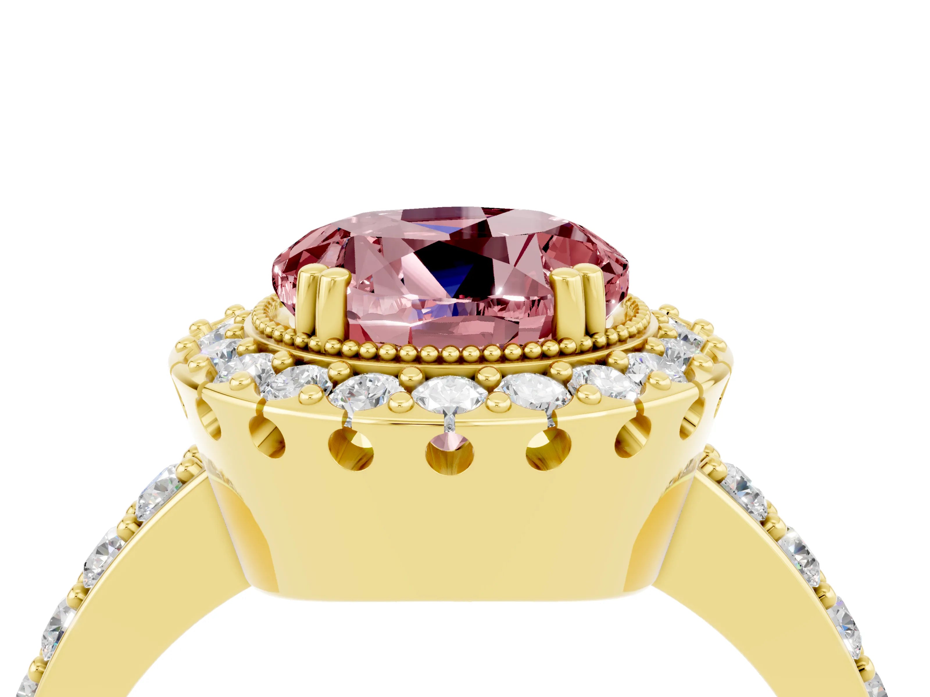Yellow gold Round Cut Diamond Halo Ring with Pavé Band and Prong Setting_4
