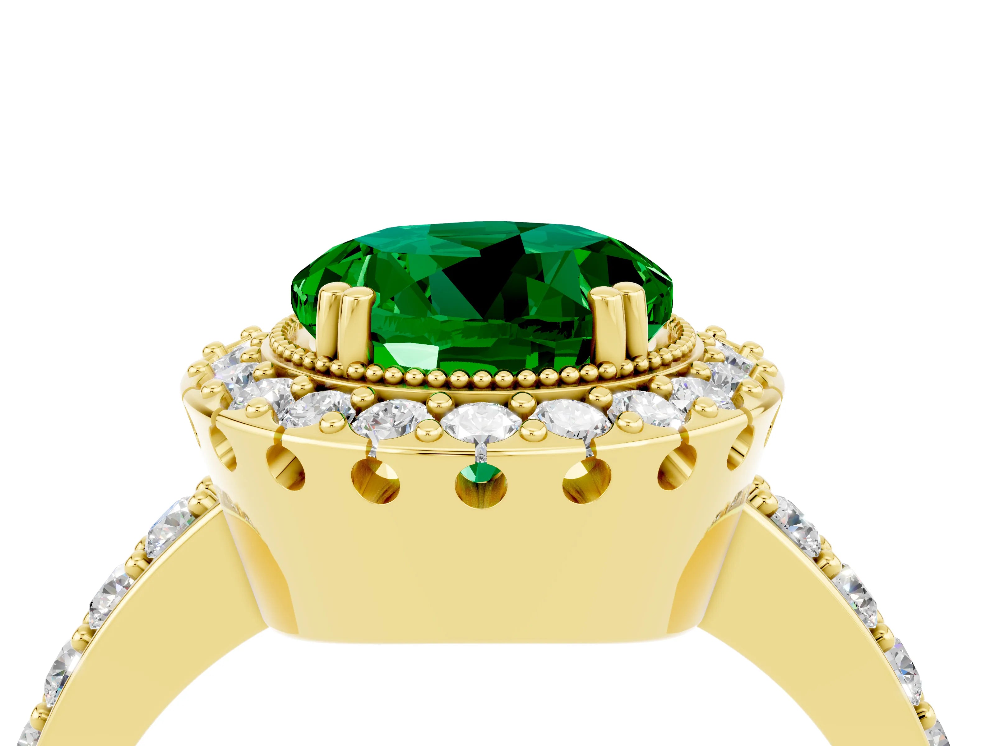 Yellow gold Round Cut Diamond Halo Ring with Pavé Band and Prong Setting_4