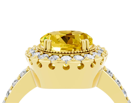 Yellow gold Round Cut Diamond Halo Ring with Pavé Band and Prong Setting_4