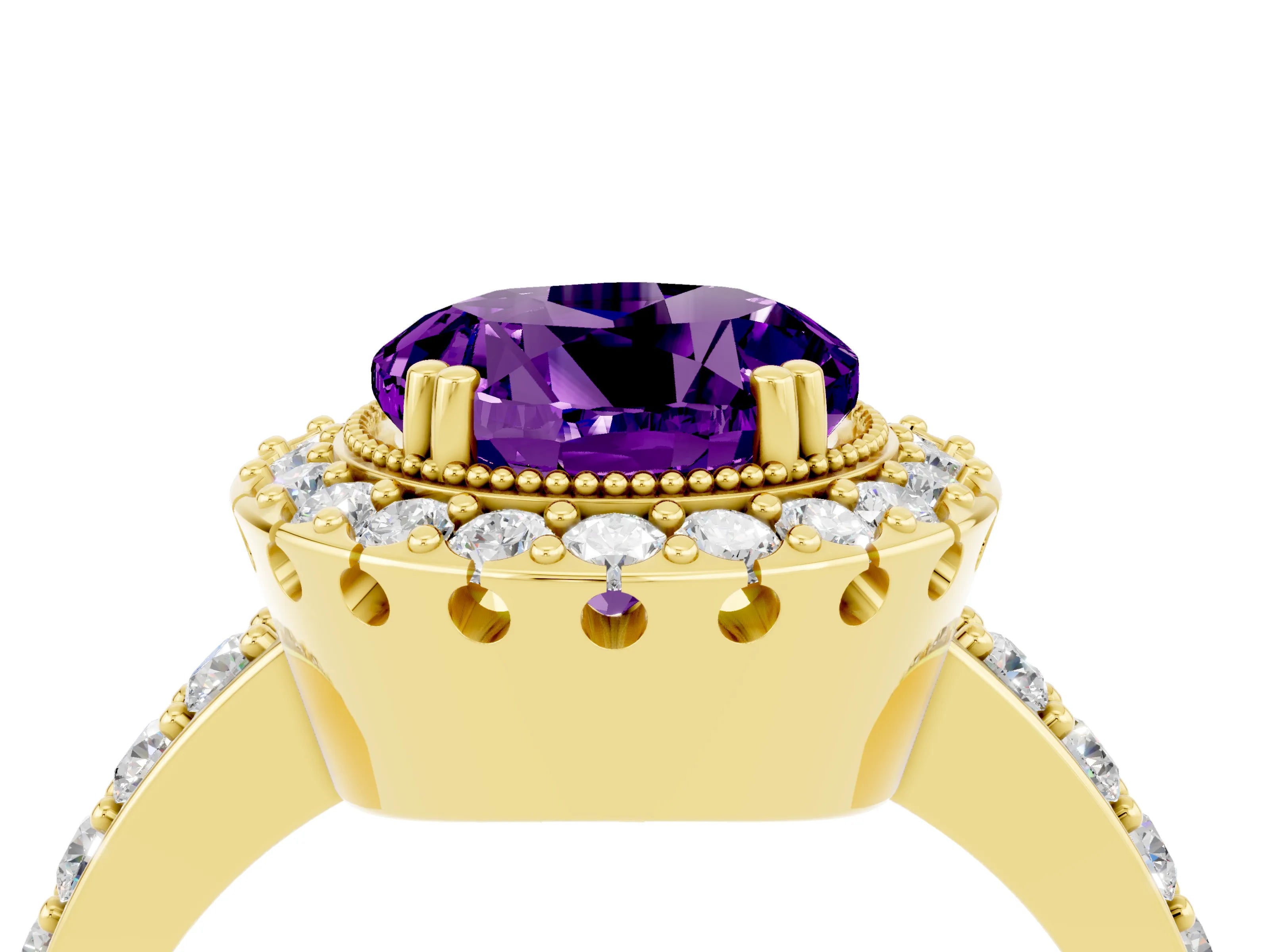 Yellow gold Round Cut Diamond Halo Ring with Pavé Band and Prong Setting_4