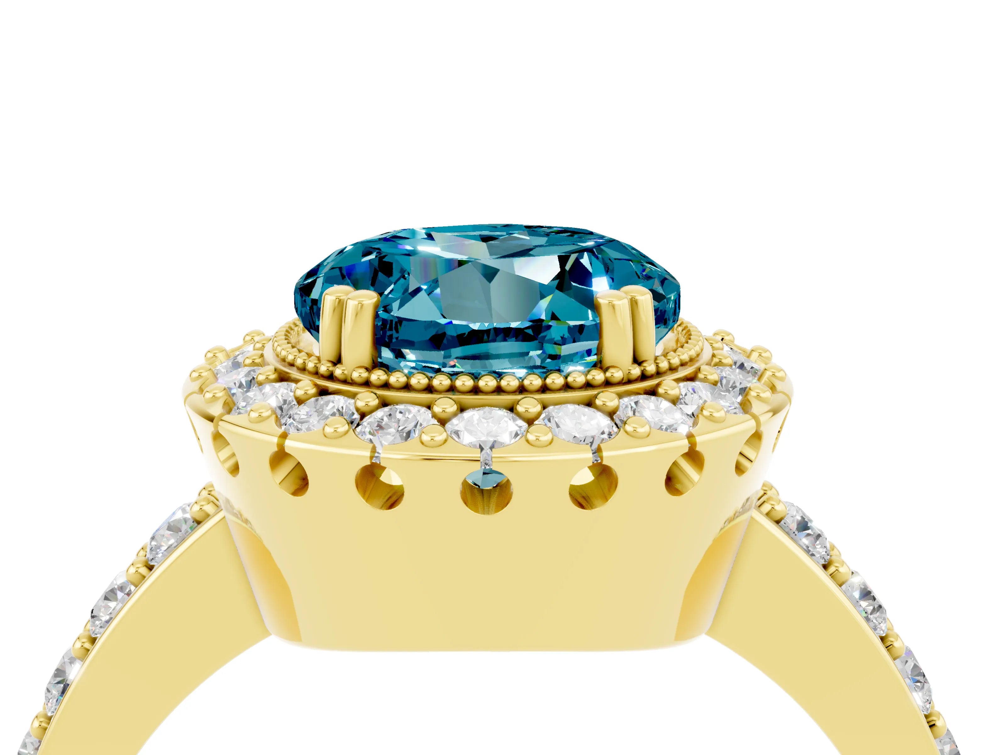 Yellow gold Round Cut Diamond Halo Ring with Pavé Band and Prong Setting_4