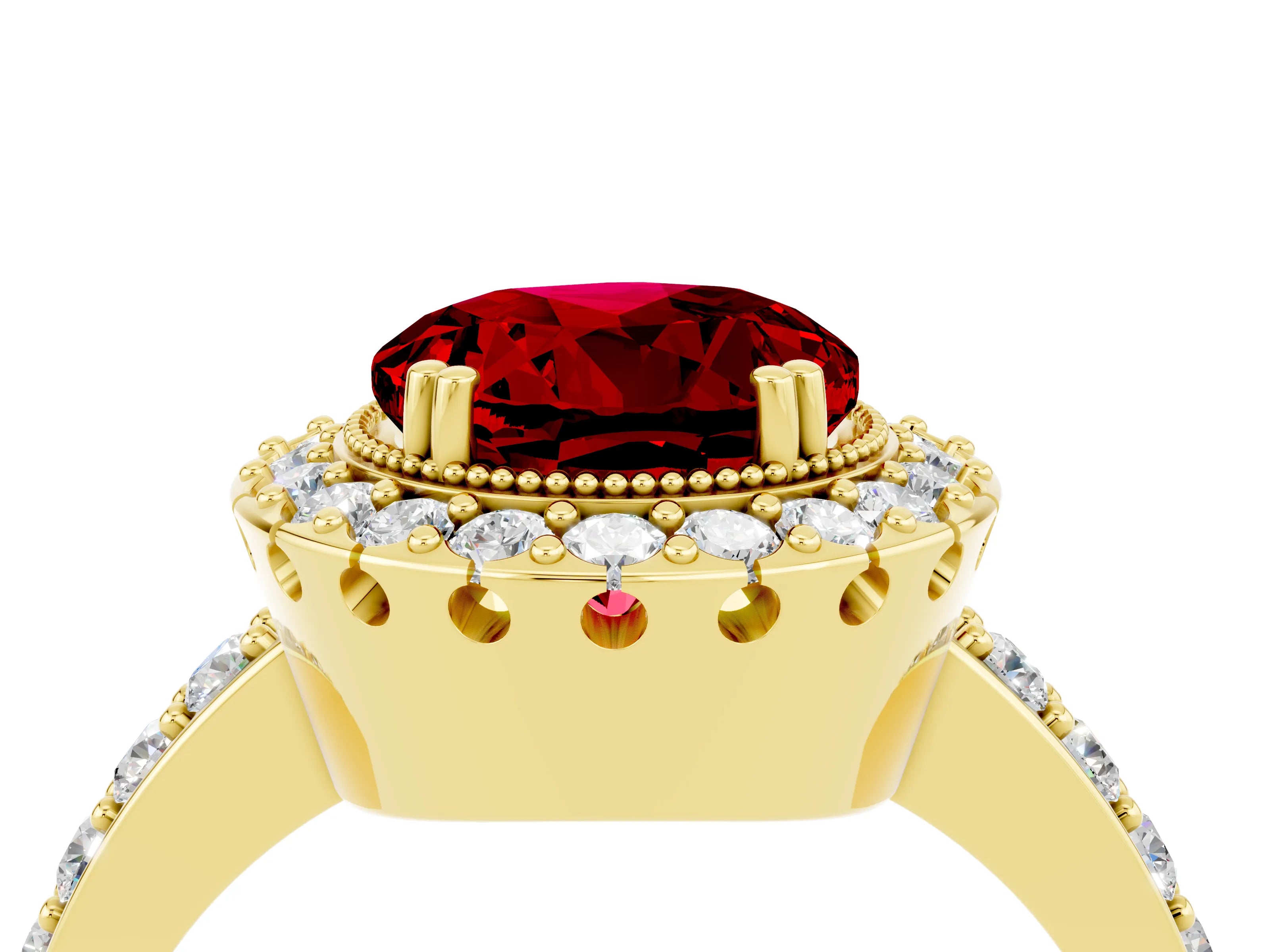 Yellow gold Round Cut Diamond Halo Ring with Pavé Band and Prong Setting_4