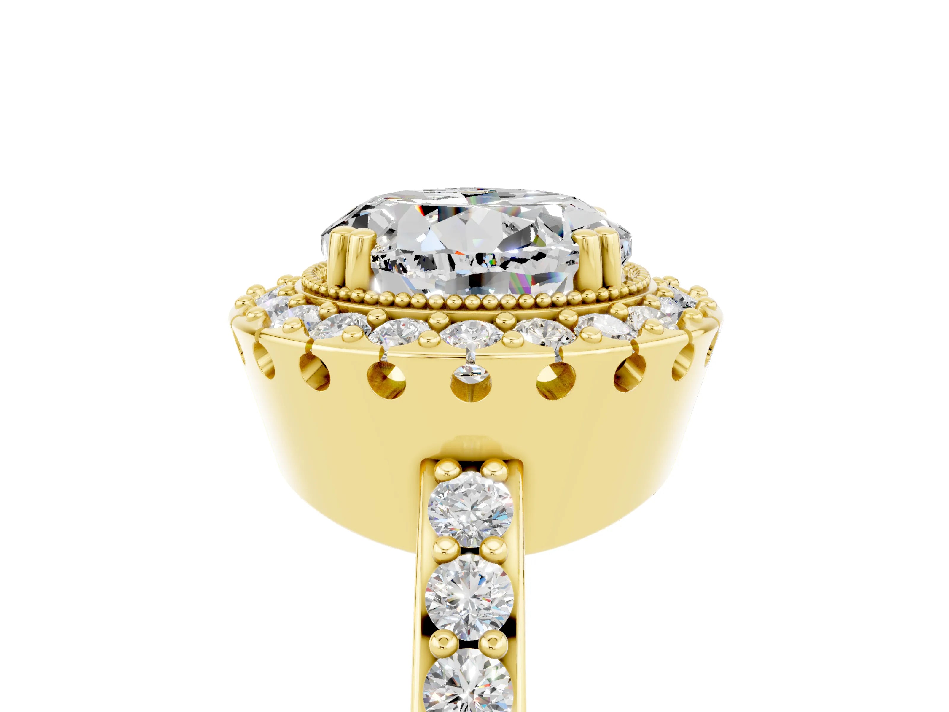 Yellow gold Round Cut Diamond Halo Ring with Pavé Band and Prong Setting_5
