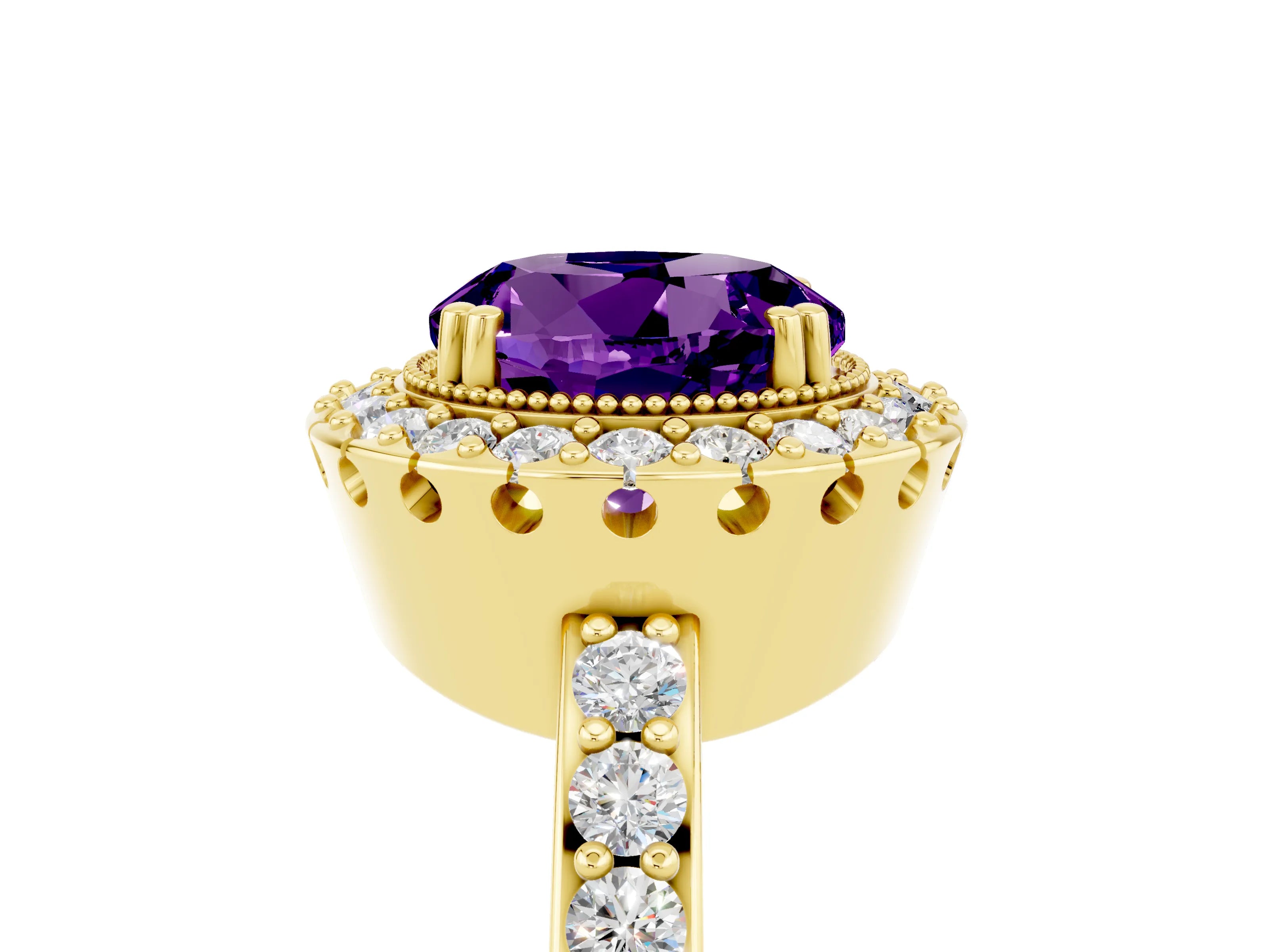 Yellow gold Round Cut Diamond Halo Ring with Pavé Band and Prong Setting_5