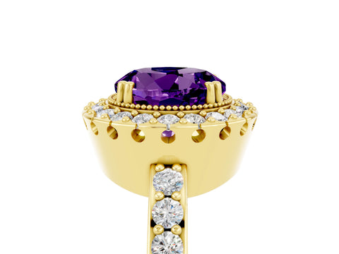 Yellow gold Round Cut Diamond Halo Ring with Pavé Band and Prong Setting_5
