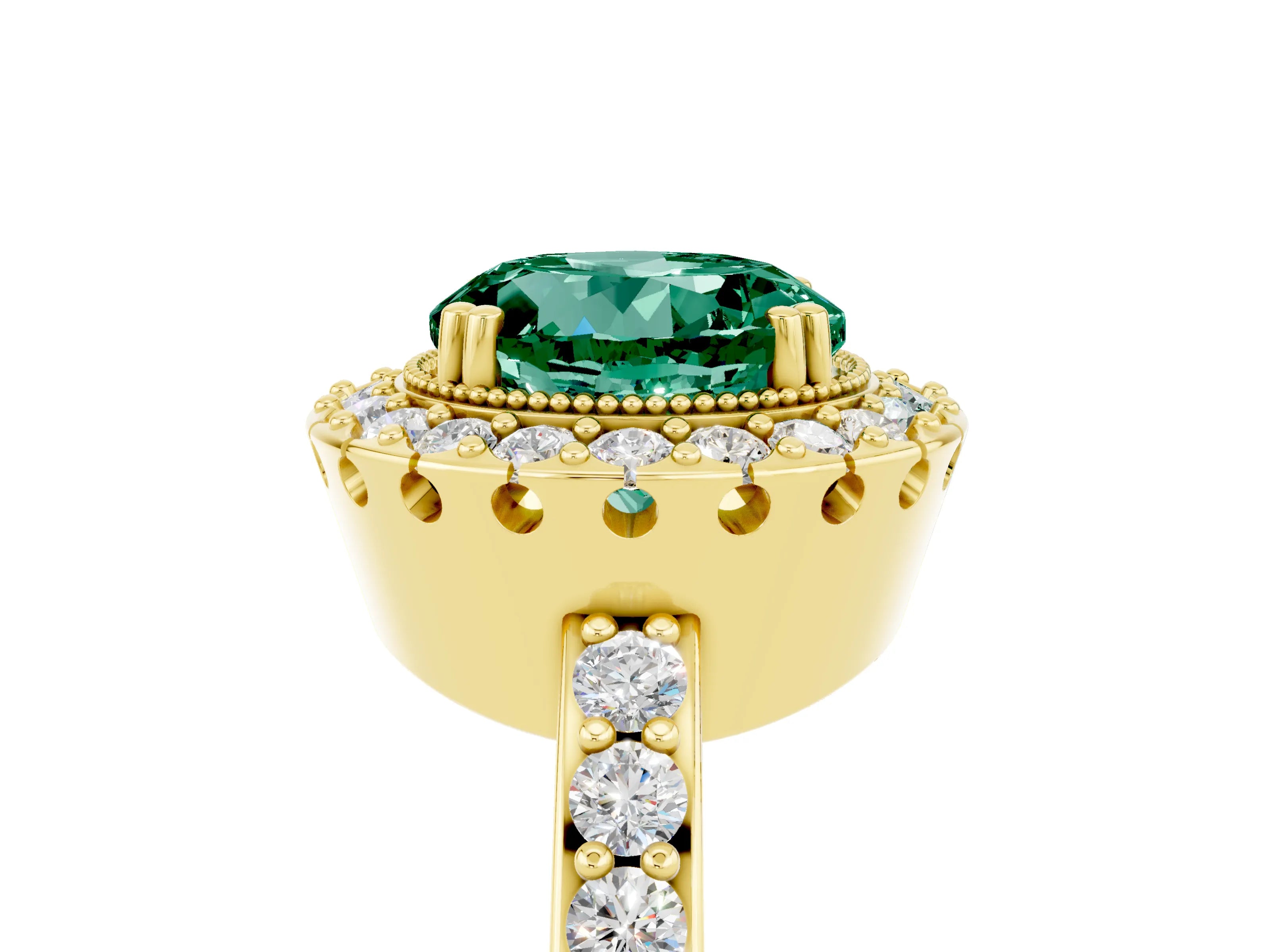 Yellow gold Round Cut Diamond Halo Ring with Pavé Band and Prong Setting_5