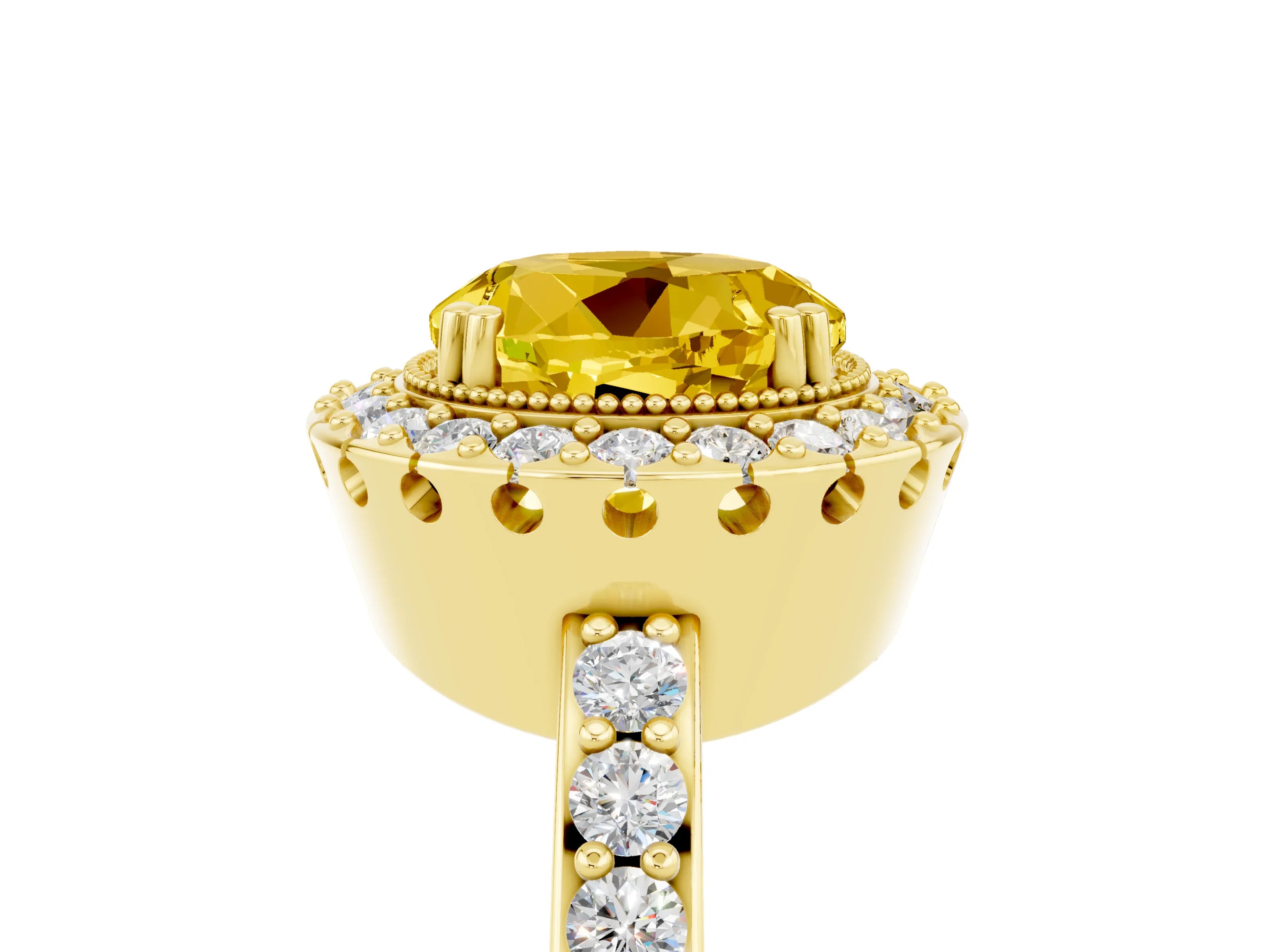 Yellow gold Round Cut Diamond Halo Ring with Pavé Band and Prong Setting_5