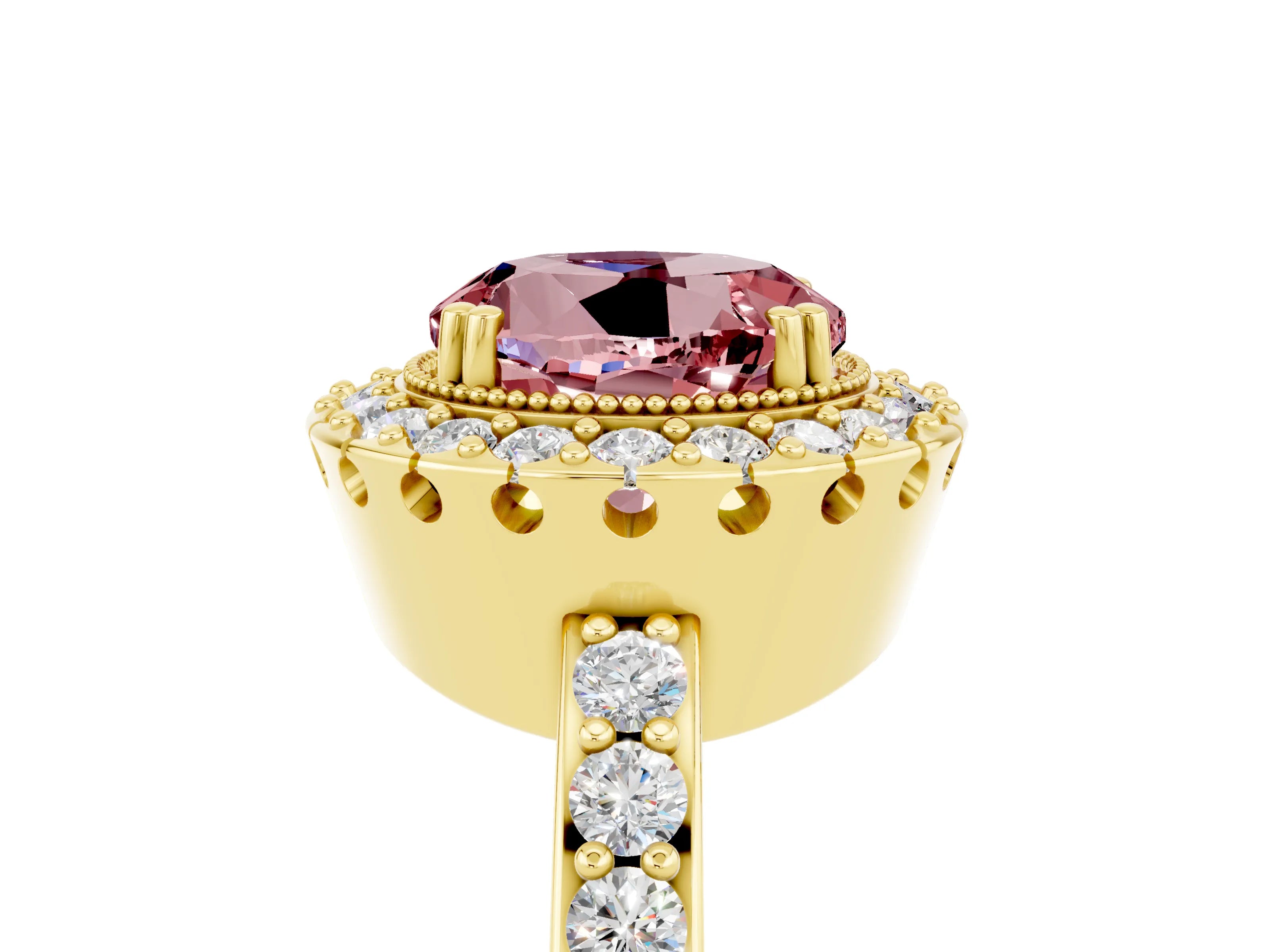 Yellow gold Round Cut Diamond Halo Ring with Pavé Band and Prong Setting_5