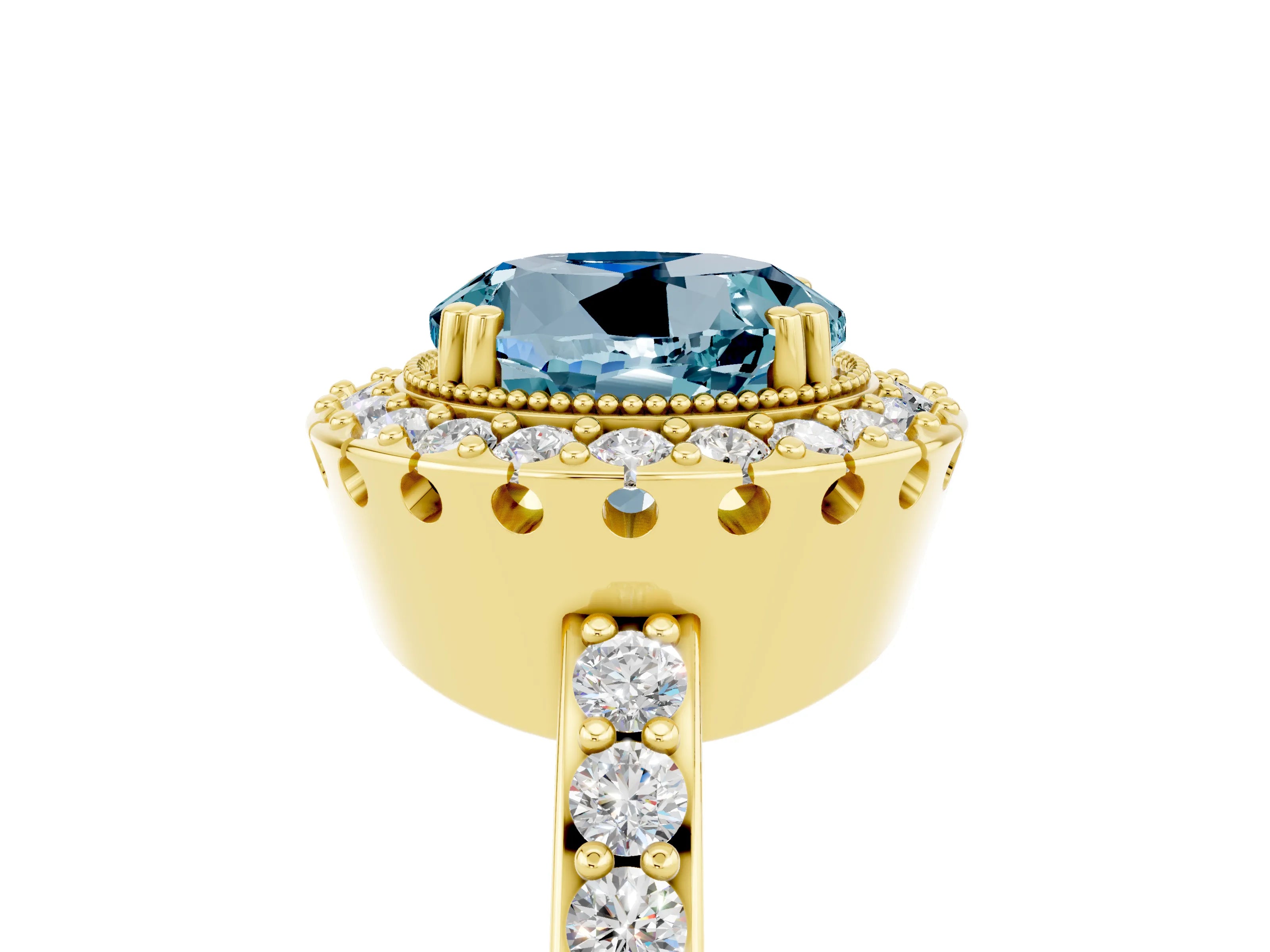 Yellow gold Round Cut Diamond Halo Ring with Pavé Band and Prong Setting_5