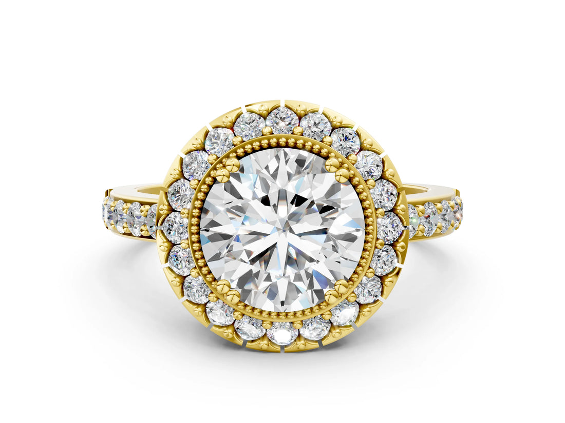 Yellow gold Round Cut Diamond Halo Ring with Pavé Band and Prong Setting_7