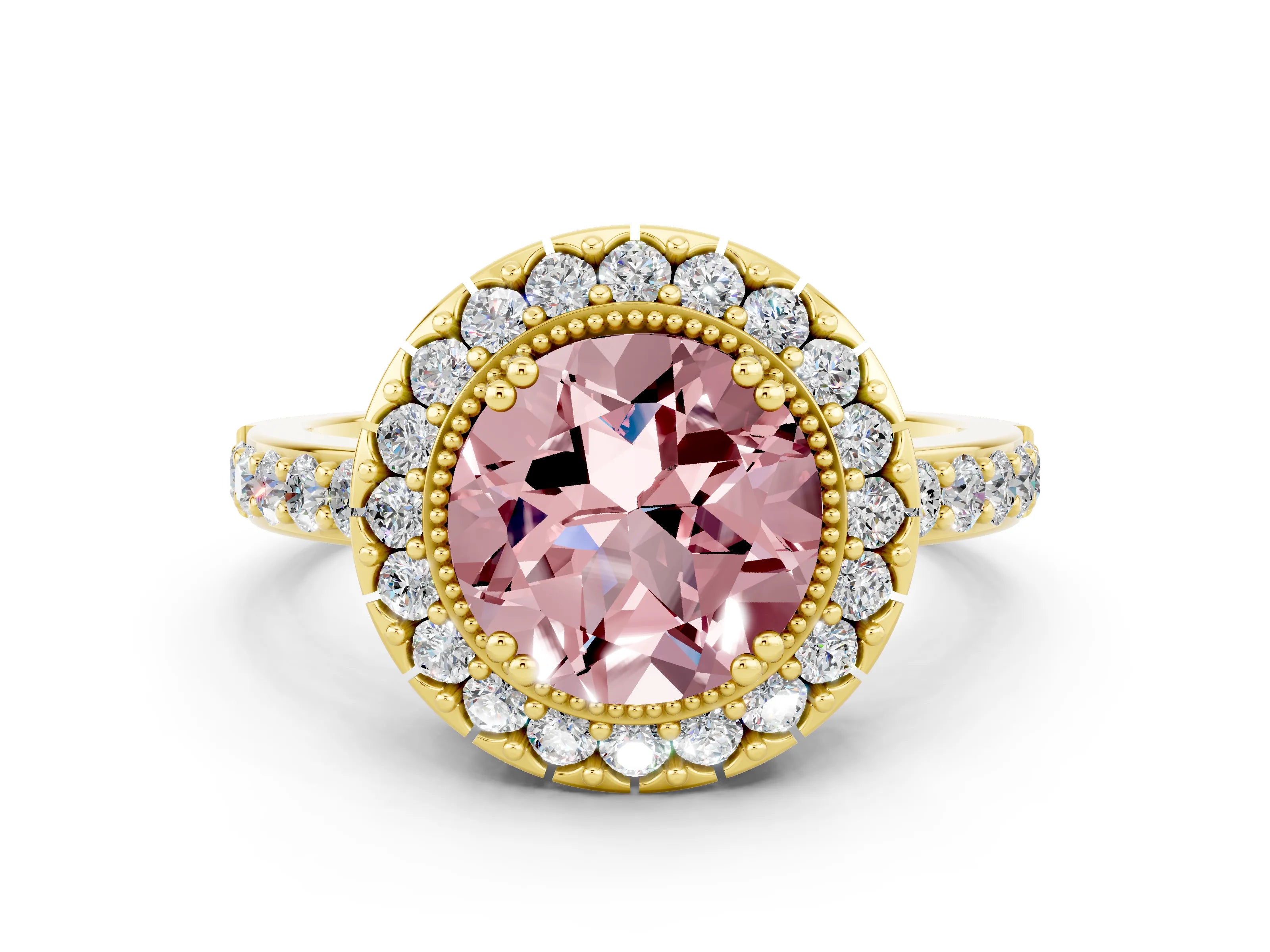 Yellow gold Round Cut Diamond Halo Ring with Pavé Band and Prong Setting