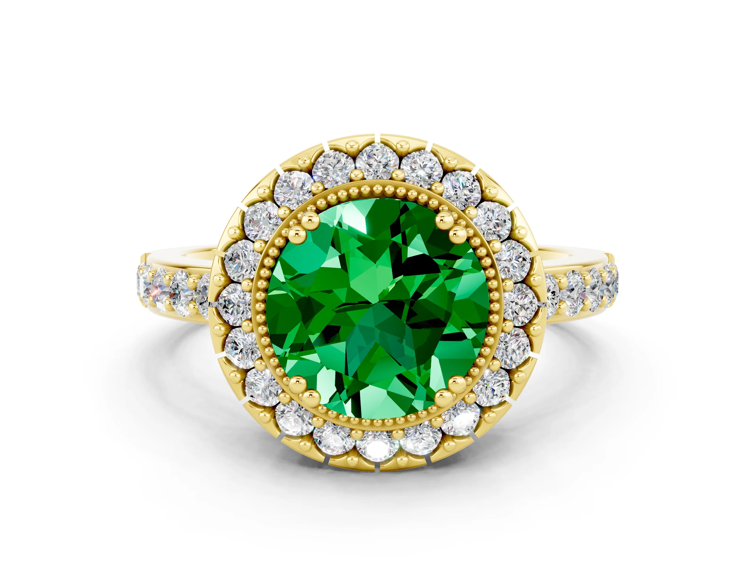 Yellow gold Round Cut Diamond Halo Ring with Pavé Band and Prong Setting