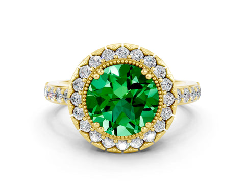 Yellow gold Round Cut Diamond Halo Ring with Pavé Band and Prong Setting