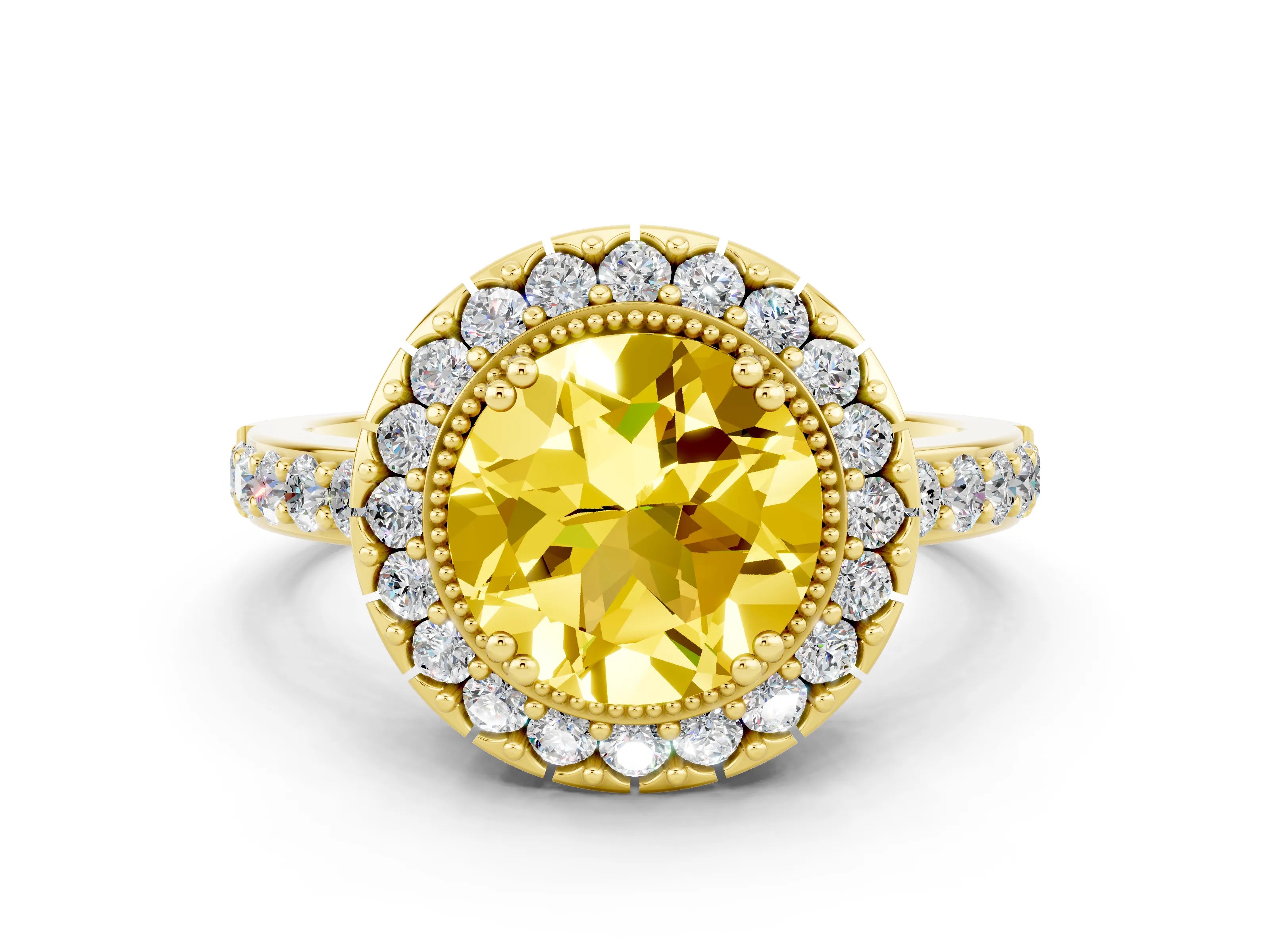 Yellow gold Round Cut Diamond Halo Ring with Pavé Band and Prong Setting