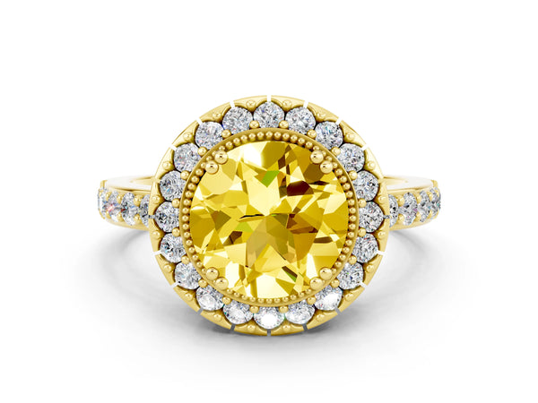 Yellow gold Round Cut Yellow Sapphire Halo Ring with Pavé Band and Prong Setting