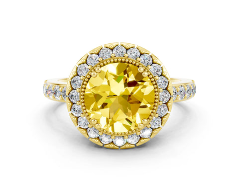 Yellow gold Round Cut Diamond Halo Ring with Pavé Band and Prong Setting