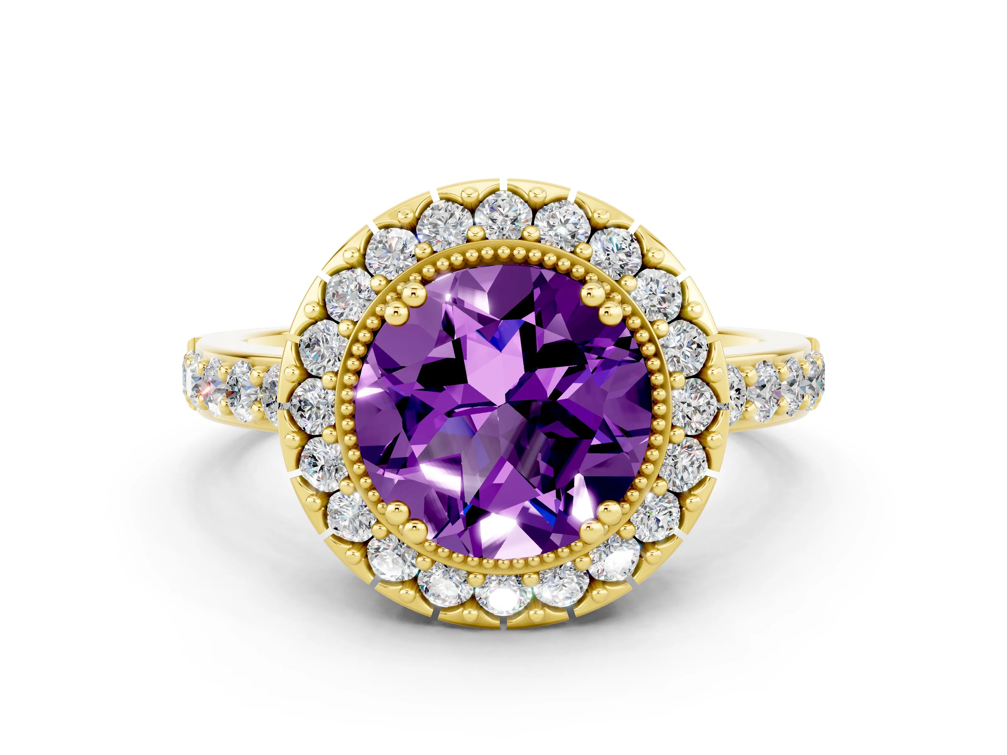 Yellow gold Round Cut Diamond Halo Ring with Pavé Band and Prong Setting